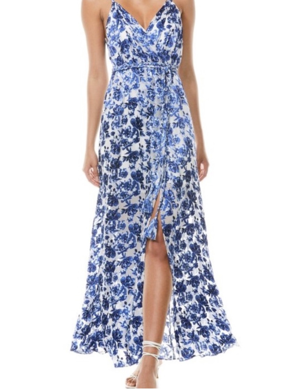 Alice + Olivia Silk Blend Blue and White Floral Maxi Dress with Slit